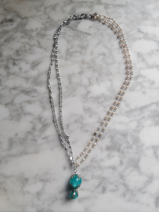 Vintage Jewelry - Vintage Drop Pendant Pearl Silver Necklace
